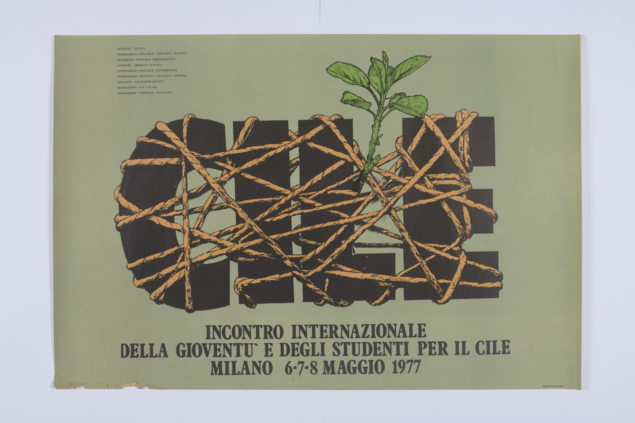 Cile - Incontro Internazionale della Gioventù e degli Studenti per il Cile, Scritta "Cile" stretta tra funi (manifesto) - ambito italiano (XX)