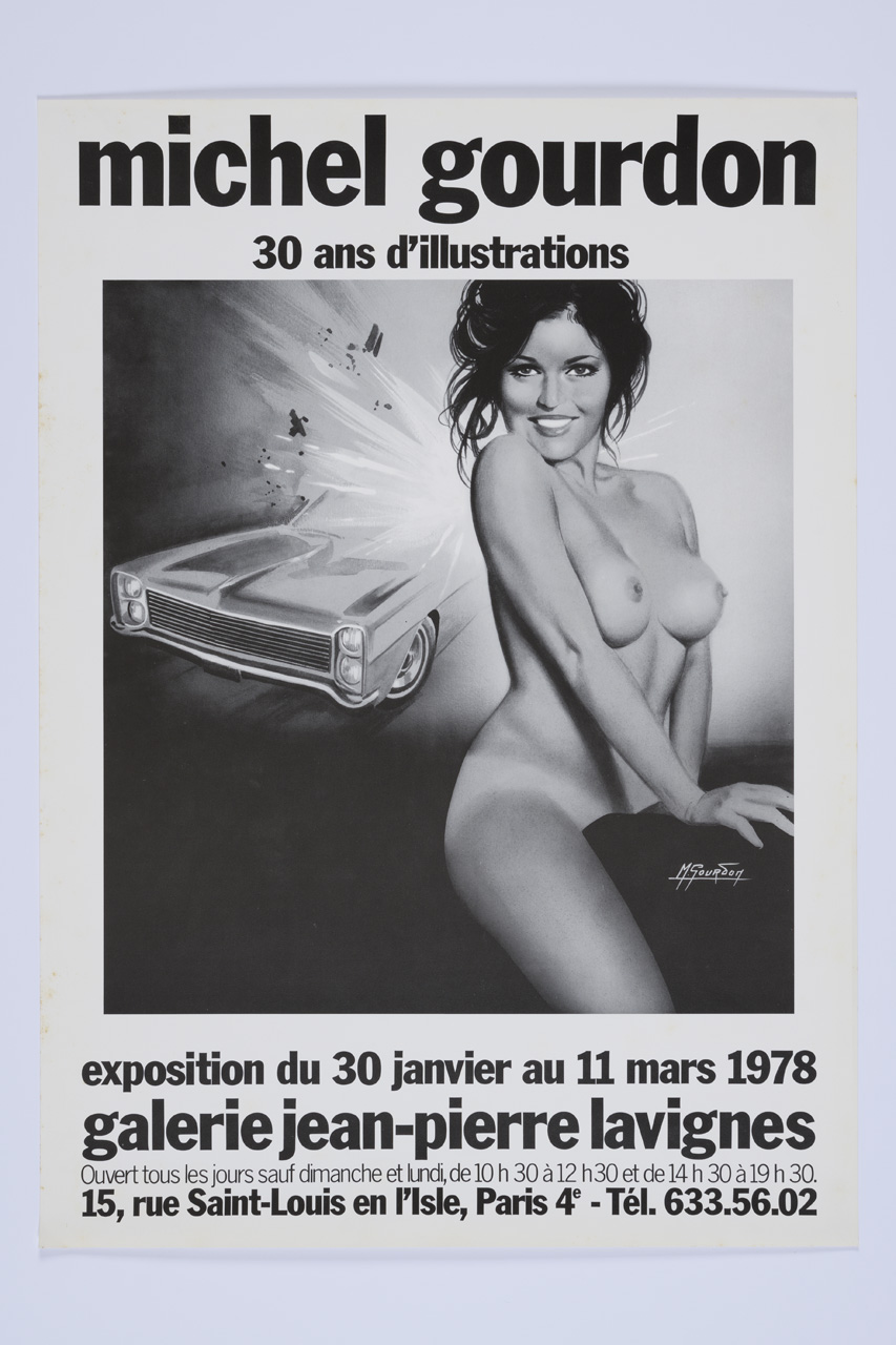Michel Gourdon, Donna nuda a cavallo di una motocicletta e incidente d'auto alle sue spalle (manifesto) - ambito francese (XX)