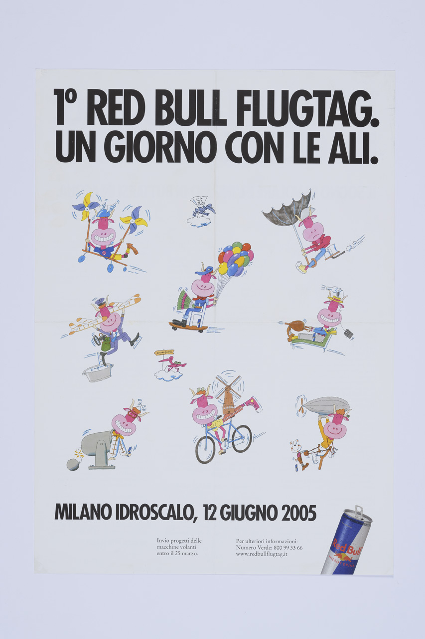 1° Red bull flugtag, Vignette con toro che cerca di volare con vari mezzi (manifesto) - ambito italiano (XXI)