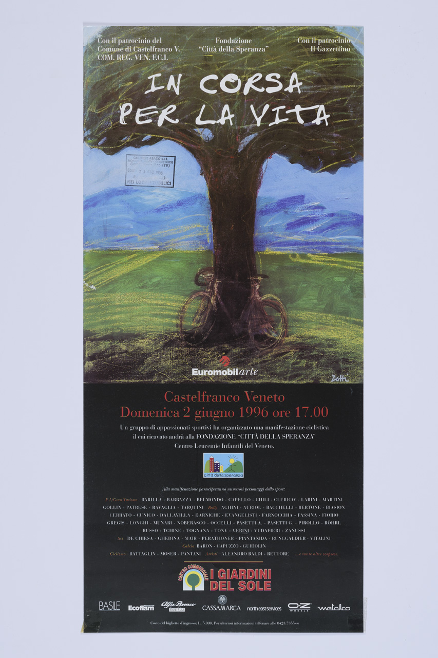 In corsa per la vita, Bicicletta parcheggiata sotto un grande albero da un dipinto di Giulio Zotti (manifesto) - ambito italiano (XX)
