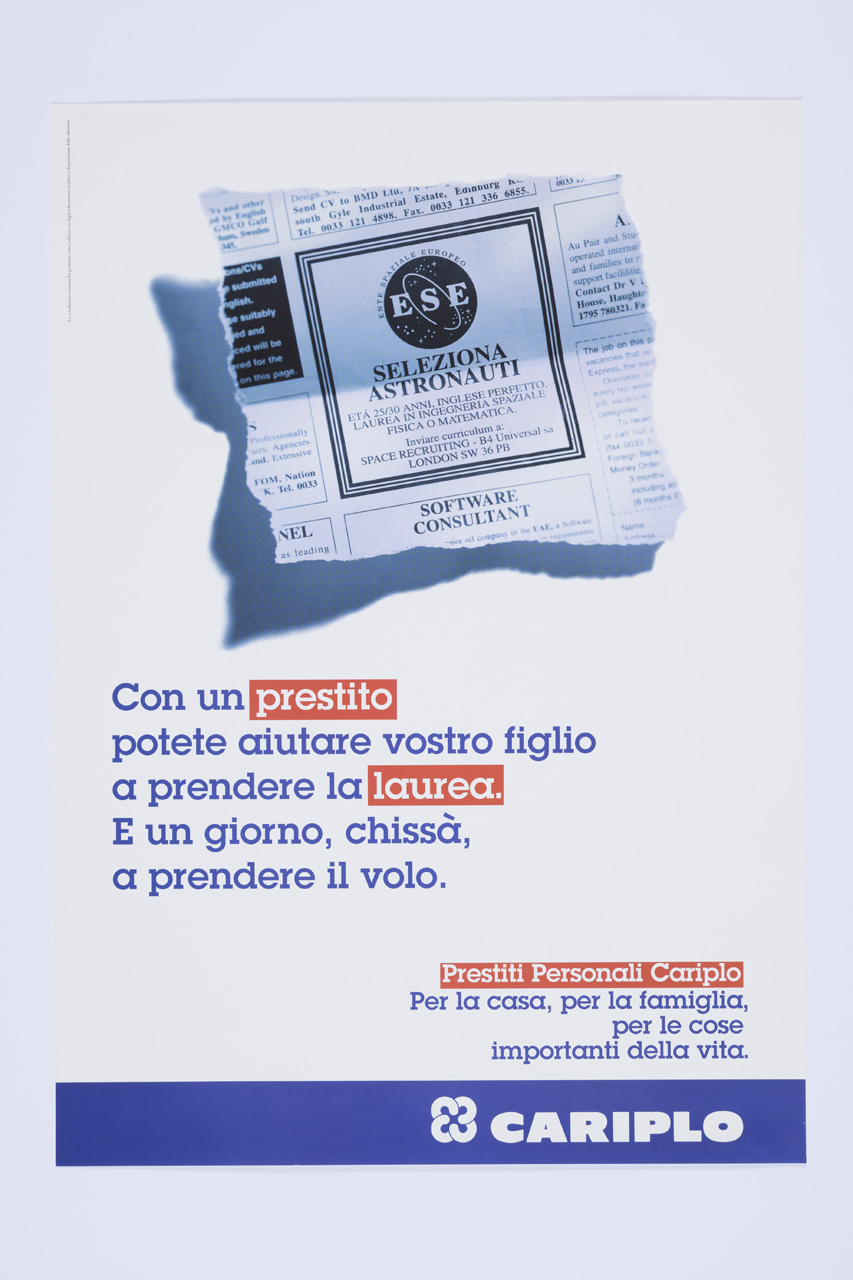 Prestiti Personali Cariplo, Pezzo di giornale quotidiano con annuncio su fondo bianco (manifesto) - ambito italiano (XX)