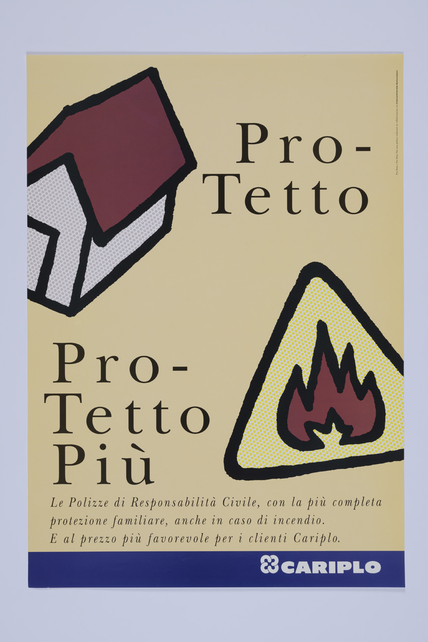 Pro-tetto più Cariplo, Disegni elementari con una casetta e un fuoco (manifesto) - ambito italiano (XX)