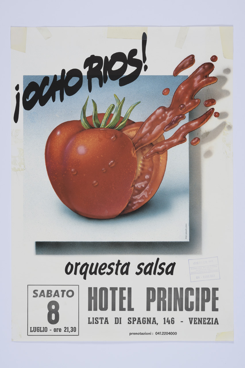 Ocho Rios! Orquesta salsa, Pomodoro spaccato con salsa che sprizza fuori (manifesto) di Amstici Giampaolo (XXI)