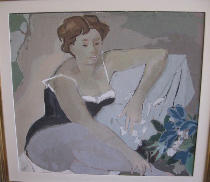 Figura femminile seduta con fiori (dipinto) di Palazzi Berrnardino (XX)