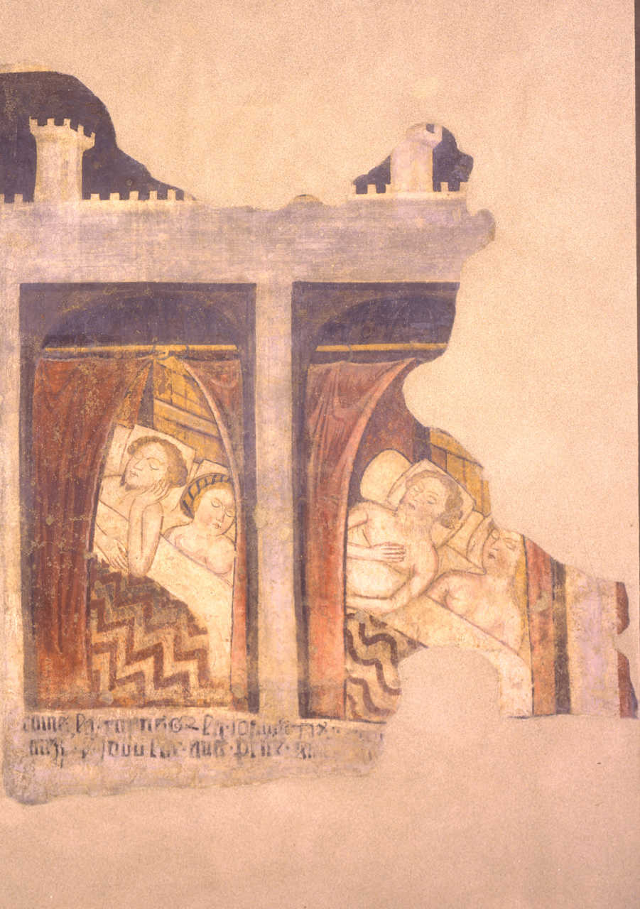 Lancelot e Ginevra, Galehot e la Dame de Malohaut consumano il loro amore, Due coppie di amanti giacciono a letto (dipinto, elemento d'insieme) - ambito lombardo (fine XIV)