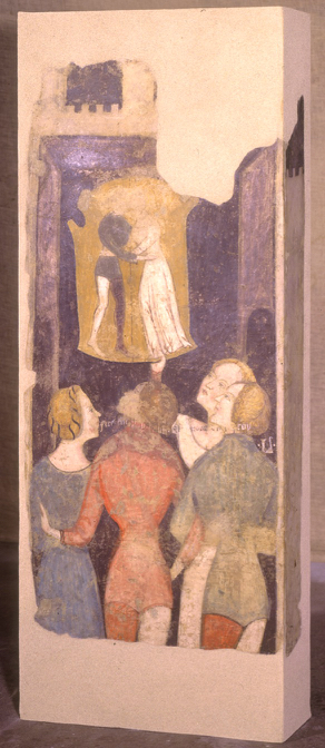 Lo scudo magico donato a Ginevra testimonia l’avvenuta consumazione del rapporto, Scudo raffigurante Lancillotto e Ginevra (dipinto, elemento d'insieme) - ambito lombardo (fine XIV)