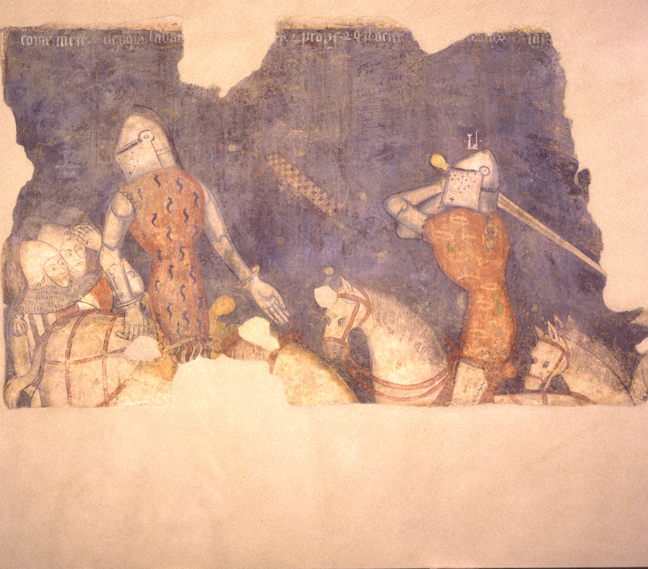 Lancelot uccide un cavaliere uscito dalla Roche aux Saxons per sfidarlo, Lancillotto brandisce la spada contro un cavaliere (dipinto, elemento d'insieme) - ambito lombardo (fine XIV)