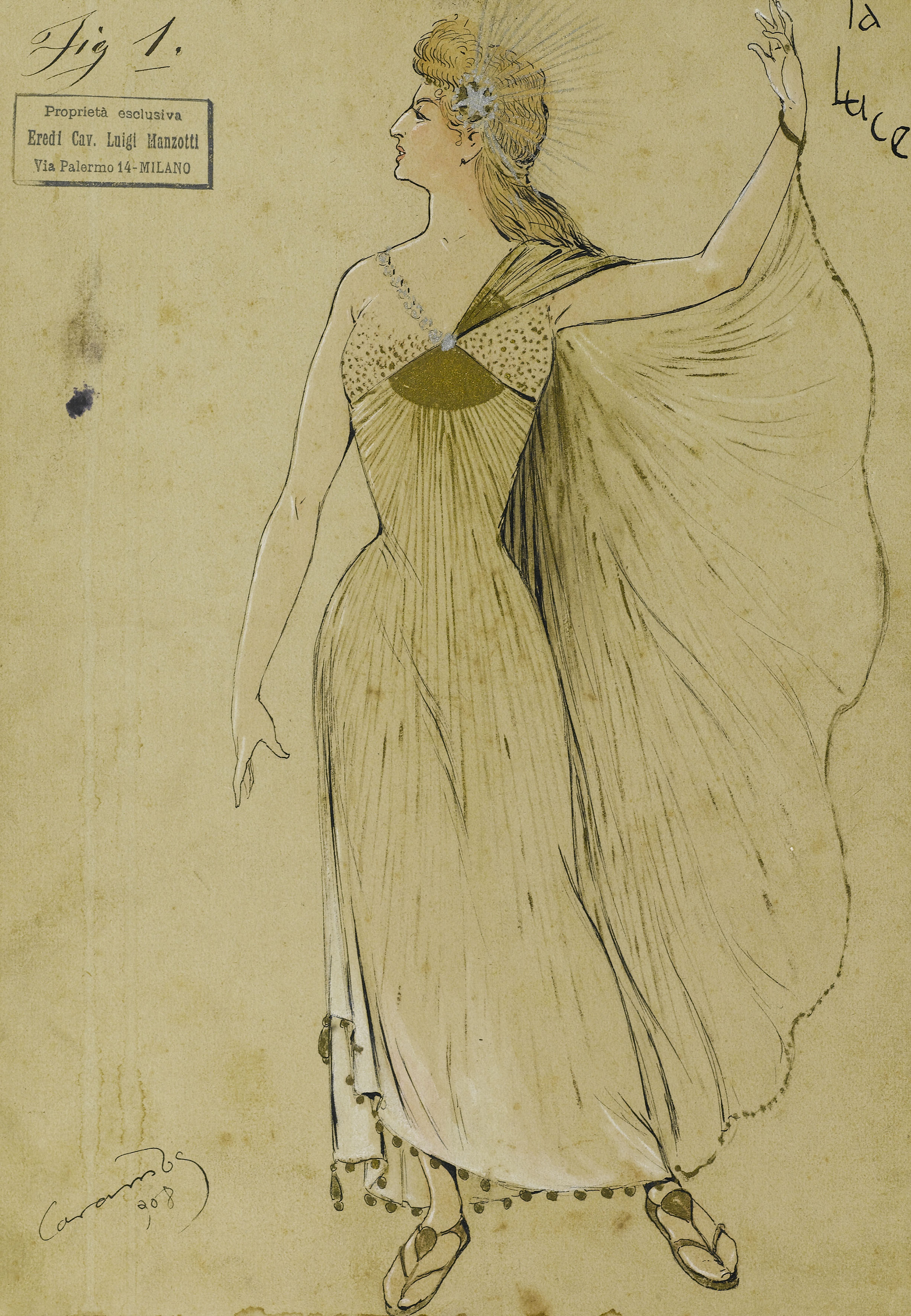 La Luce, figurino teatrale (disegno per scenografia, elemento d'insieme) di Sapelli Luigi detto Caramba (inizio XX)