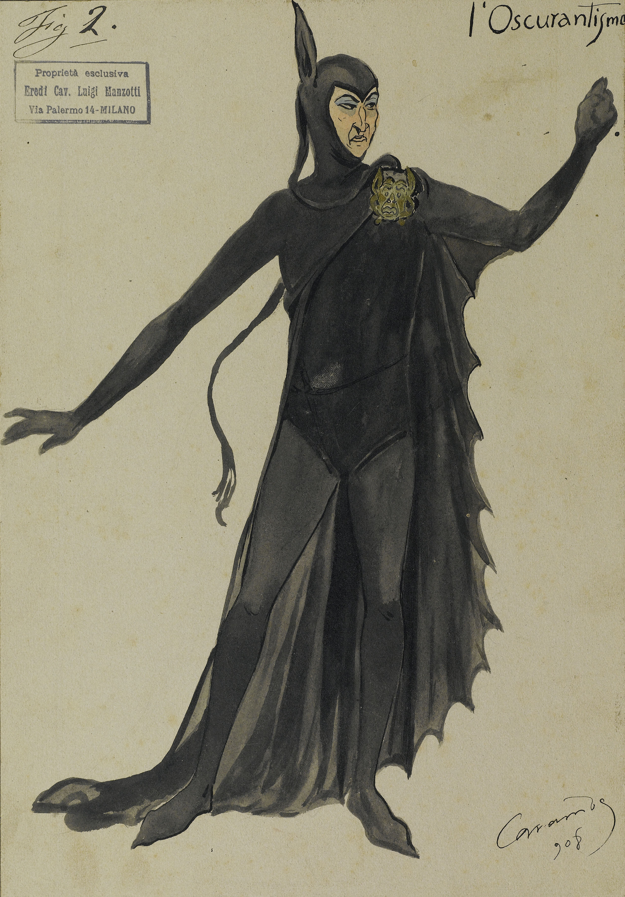 L'Oscurantismo, figurino teatrale (disegno per scenografia, elemento d'insieme) di Sapelli Luigi detto Caramba (inizio XX)