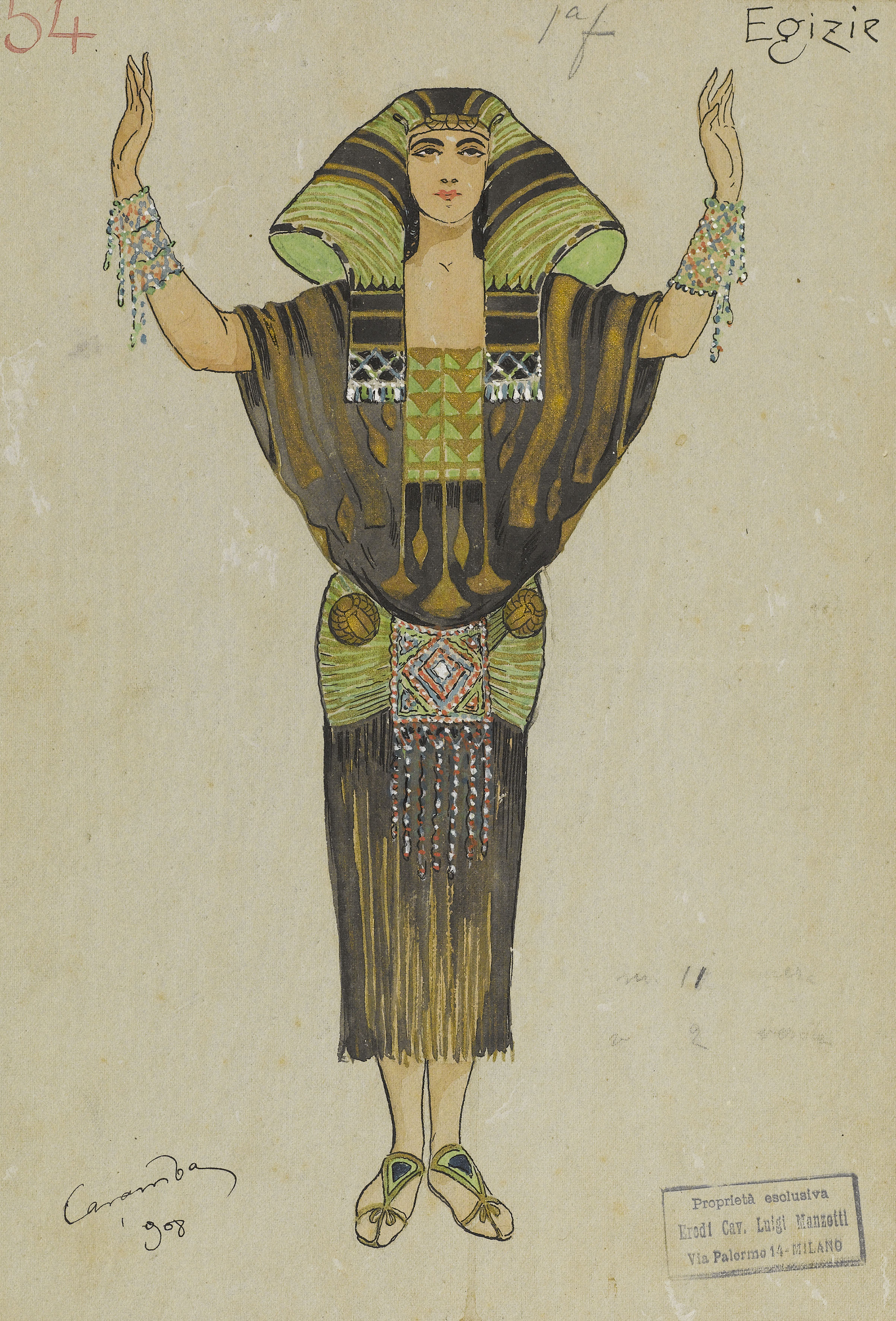 Egizie, figurino teatrale (disegno per scenografia, elemento d'insieme) di Sapelli Luigi detto Caramba (inizio XX)