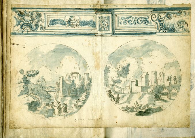 studio con fregio e due tondi con paesaggio (taccuino di disegni, elemento d'insieme) di Brunetti Ciriaco (attribuito) - ambito molisano (XVIII)