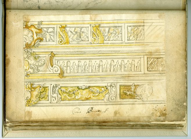 verso: studio per tre varianti di decorazione (taccuino di disegni, elemento d'insieme) di Brunetti Ciriaco (attribuito) - ambito molisano (XVIII)