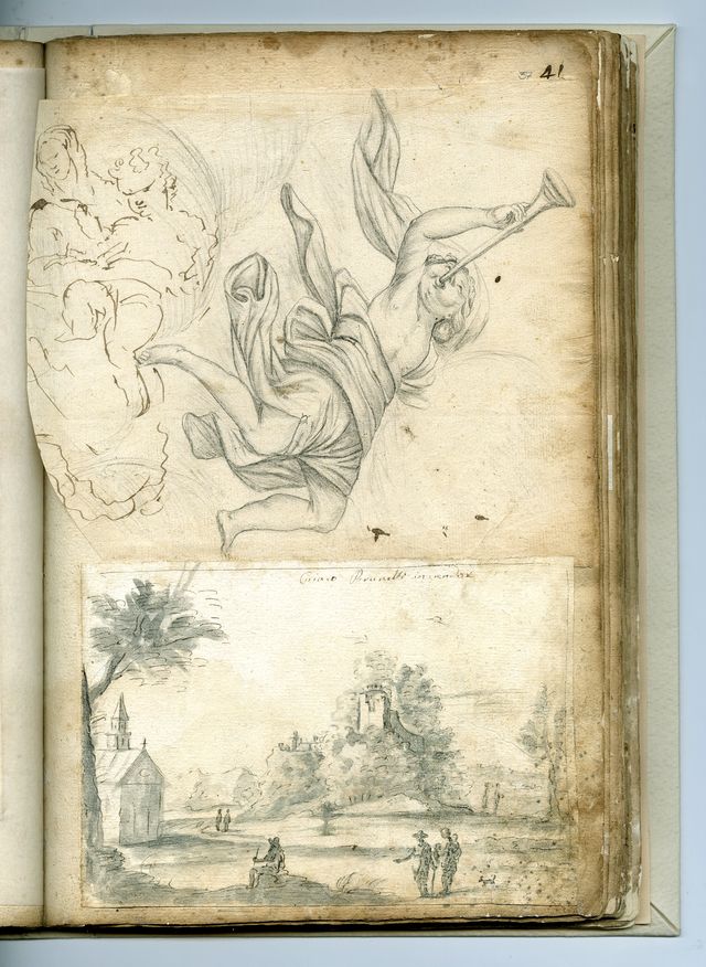paesaggio con chiesa, castello e figure (taccuino di disegni, elemento d'insieme) di Brunetti Ciriaco (attribuito) - ambito molisano (XVIII)
