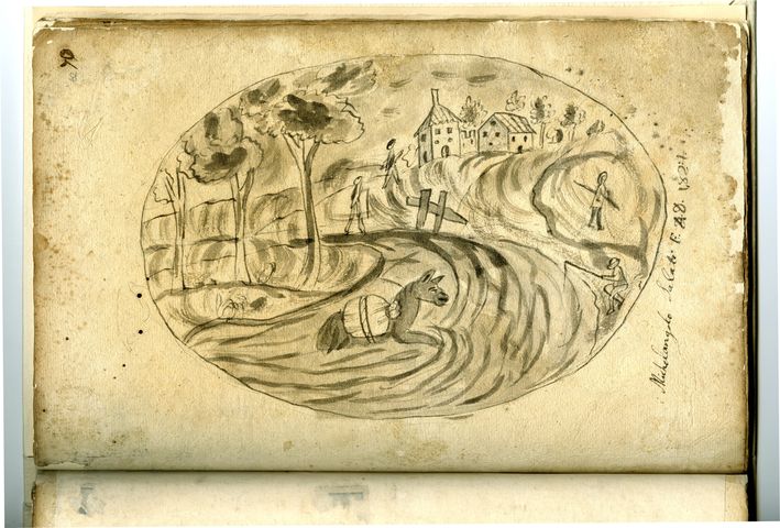 paesaggio con asino e figure (taccuino di disegni, elemento d'insieme) di Salati, Michelangelo (attribuito) - ambito molisano (XVIII)