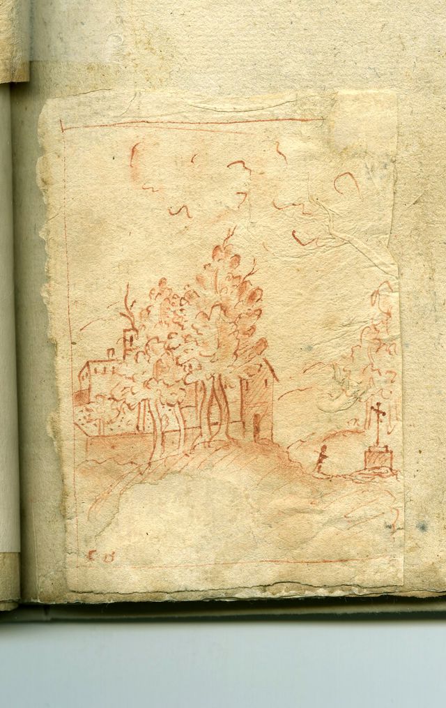 recto: paesaggio con case e croce, verso: abbozzo di piede (taccuino di disegni, elemento d'insieme) - ambito molisano (XVIII)