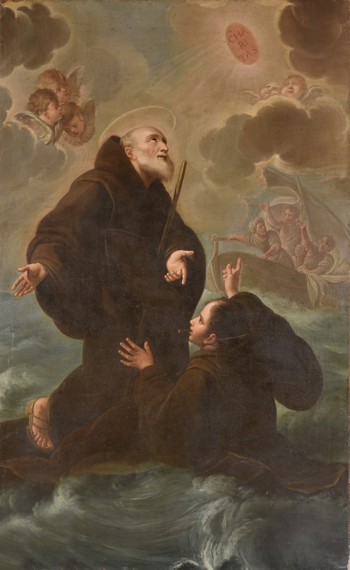 San Francesco di Paola attraversa lo stretto di Messina sul suo mantello (dipinto) - ambito Italia centrale (XVII)