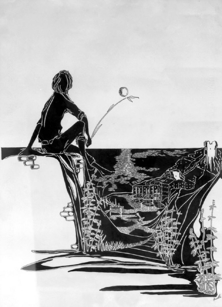 Figura maschile con paesaggio marino (disegno) di Ferretti Roberto (seconda metà sec. XX)