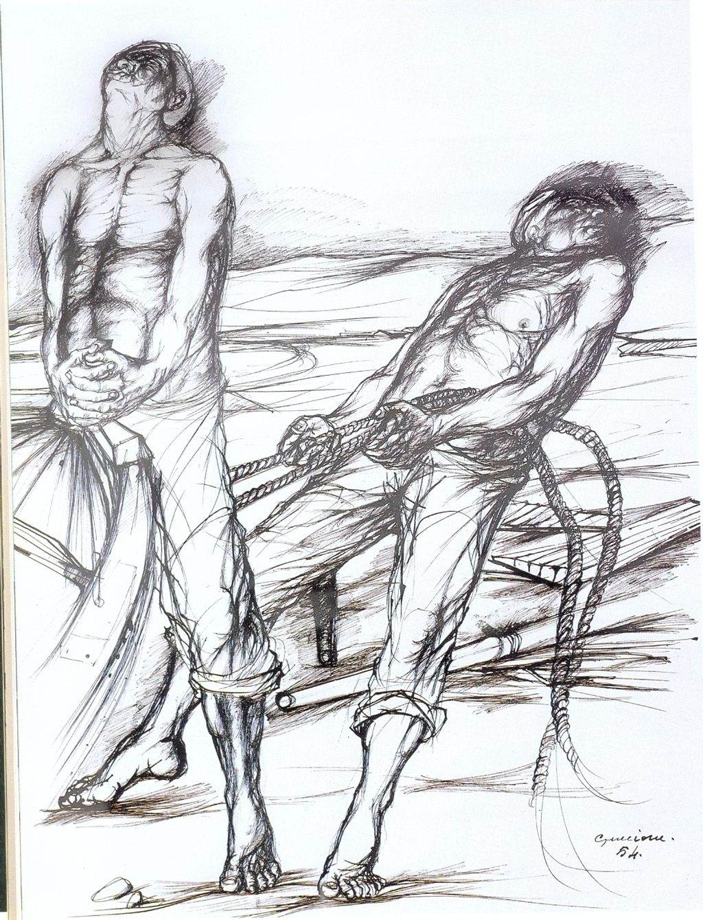 Pescatori, figure maschili (disegno) di Guccione Piero (sec. XX)
