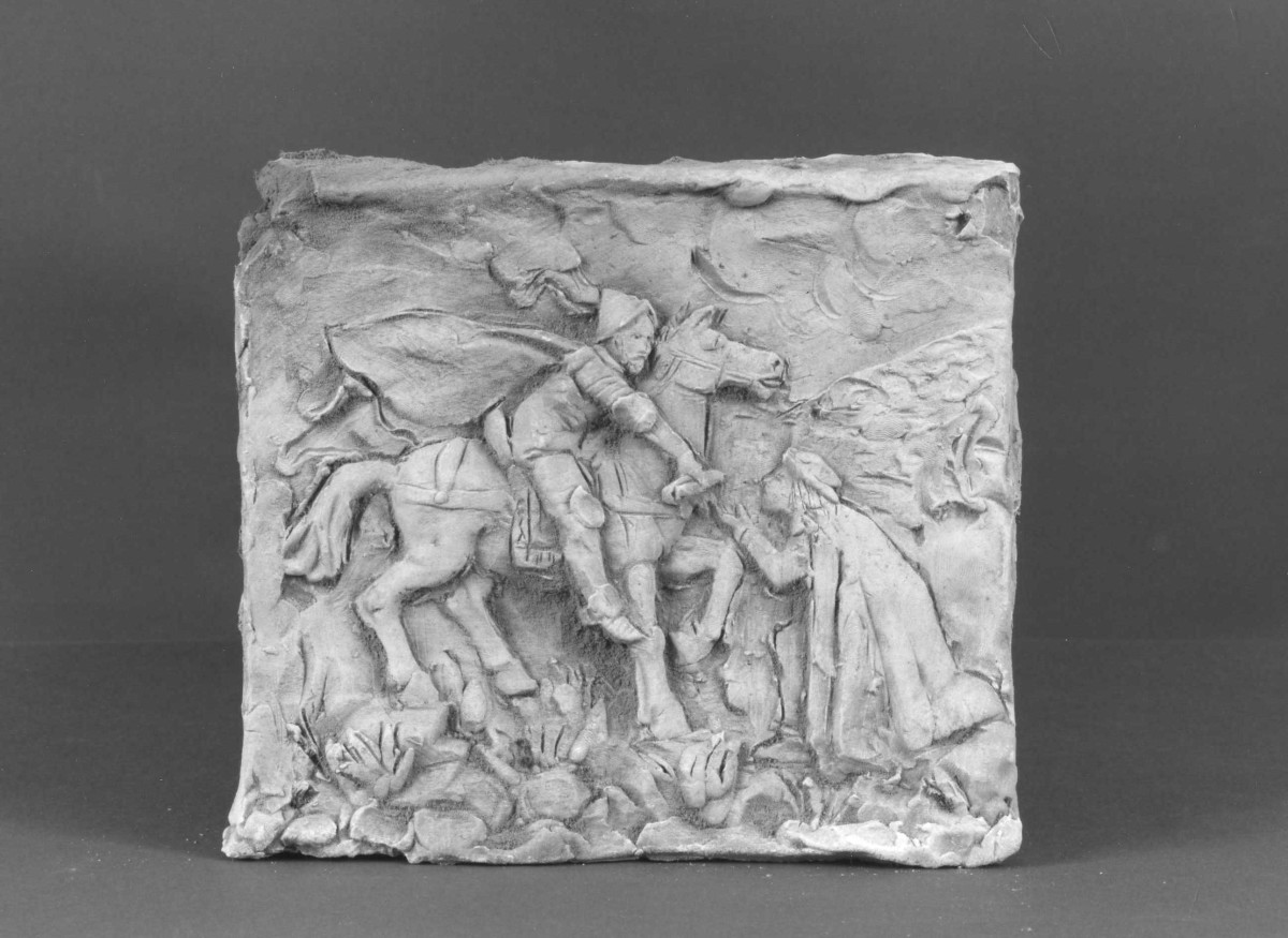 cavaliere e figura inginocchiata (rilievo) di Berti Antonio (seconda metà sec. XX)