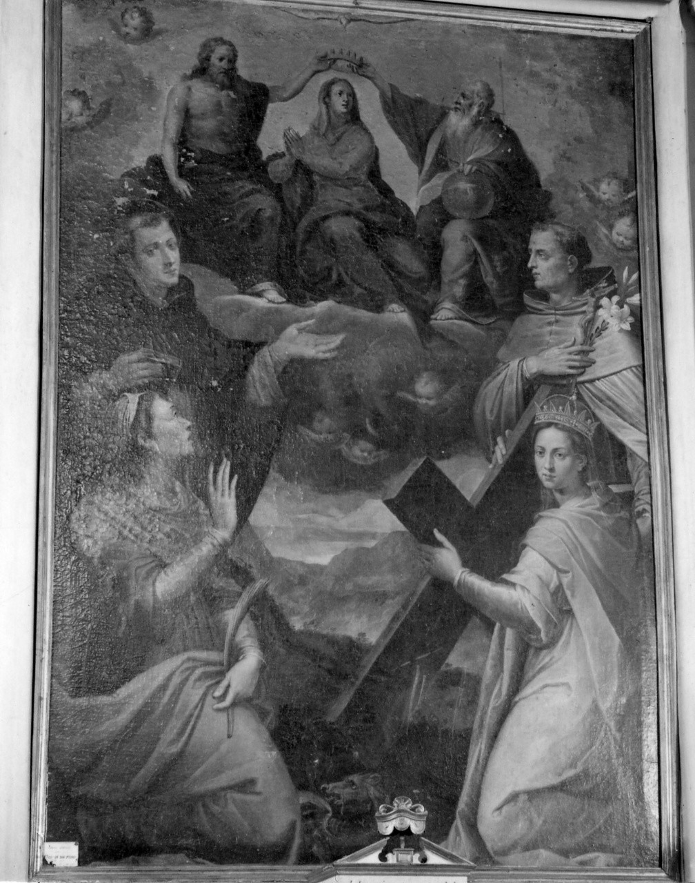 incoronazione di Maria Vergine/ Santa Margherita d'Antiochia/ San Domenico/ Sant'Elena/ Santo (dipinto) di Maso da San Friano (attribuito) (metà sec. XVI)