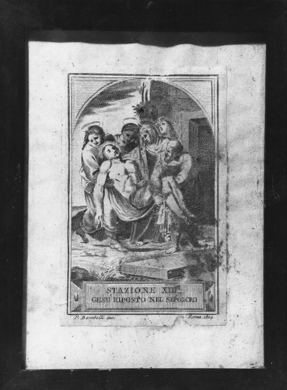 stazione XIV: Gesù deposto nel sepolcro (stampa) di Bombelli Pietro Leone (sec. XIX)
