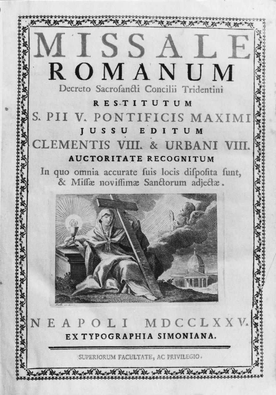 figura femminile seduta con croce e calice (stampa) di Nolli Carlo (sec. XVIII)