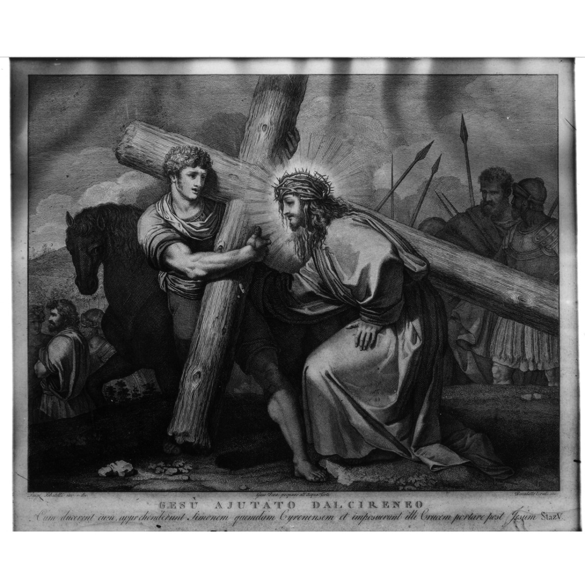 stazione V: Gesù aiutato da Simone il Cireneo a portare la croce (stampa) di Sabatelli Luigi, Eredi Benedetto (fine/ inizio secc. XVIII/ XIX)