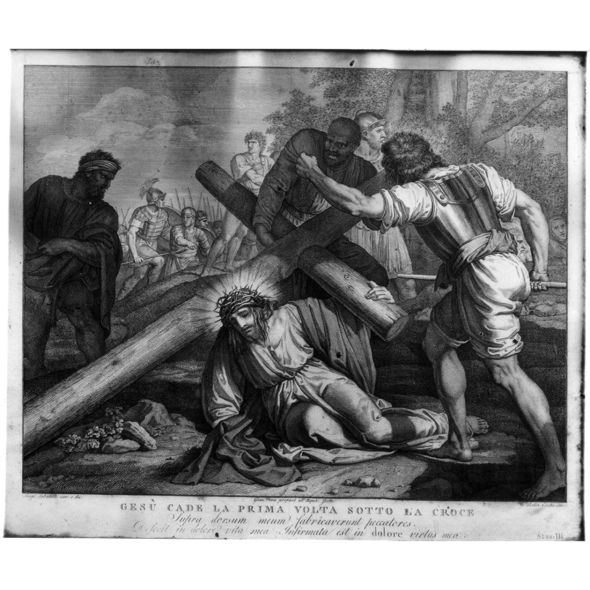 stazione III: Gesù cade sotto la croce la prima volta (stampa) di Sabatelli Luigi, Cecchi Giovan Battista (fine/ inizio secc. XVIII/ XIX)