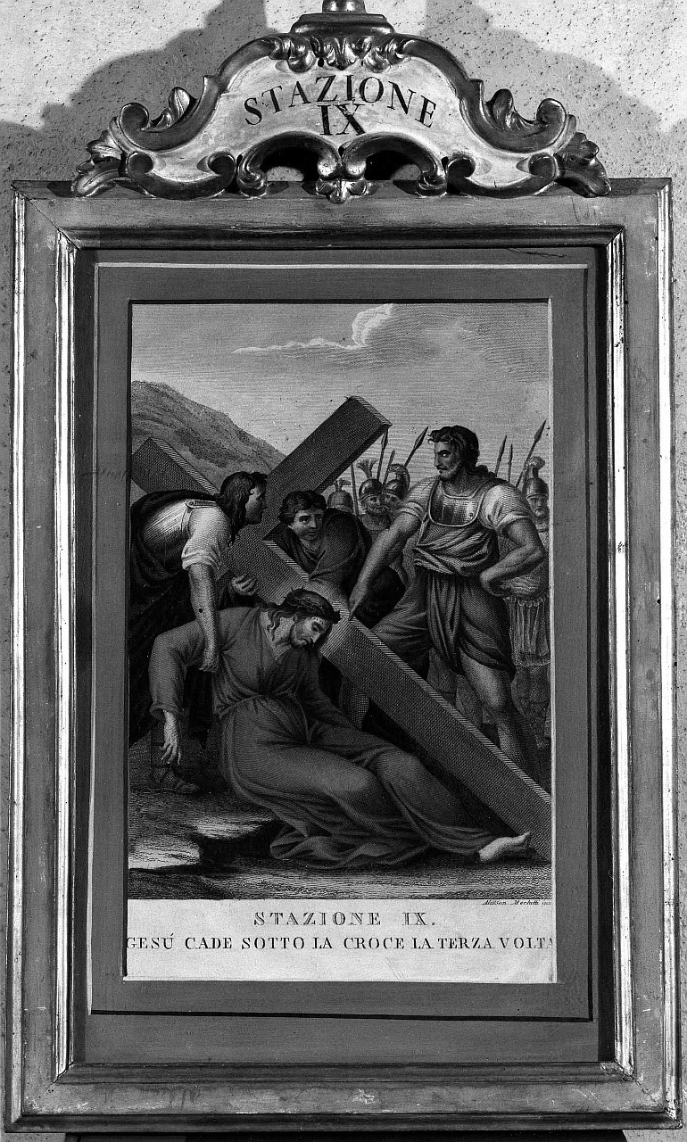 stazione IX: Gesù cade sotto la croce la terza volta (stampa, serie) di Mochetti Alessandro (fine/ inizio secc. XVIII/ XIX)