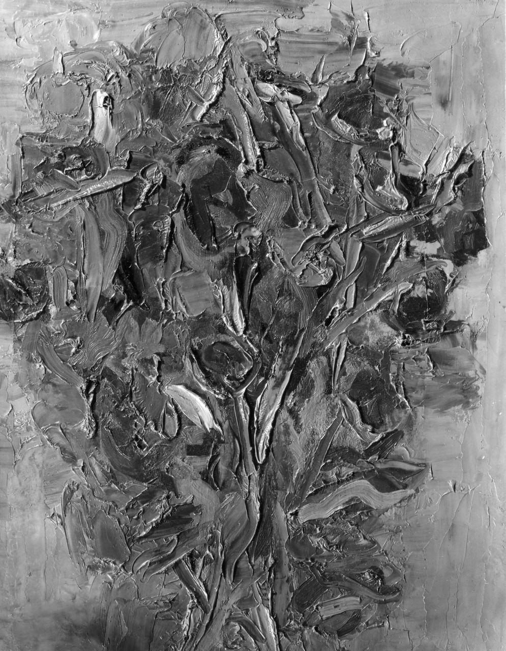 Girasoli appassiti, mazzo di fiori (dipinto) di Morlotti Ennio (terzo quarto sec. XX)