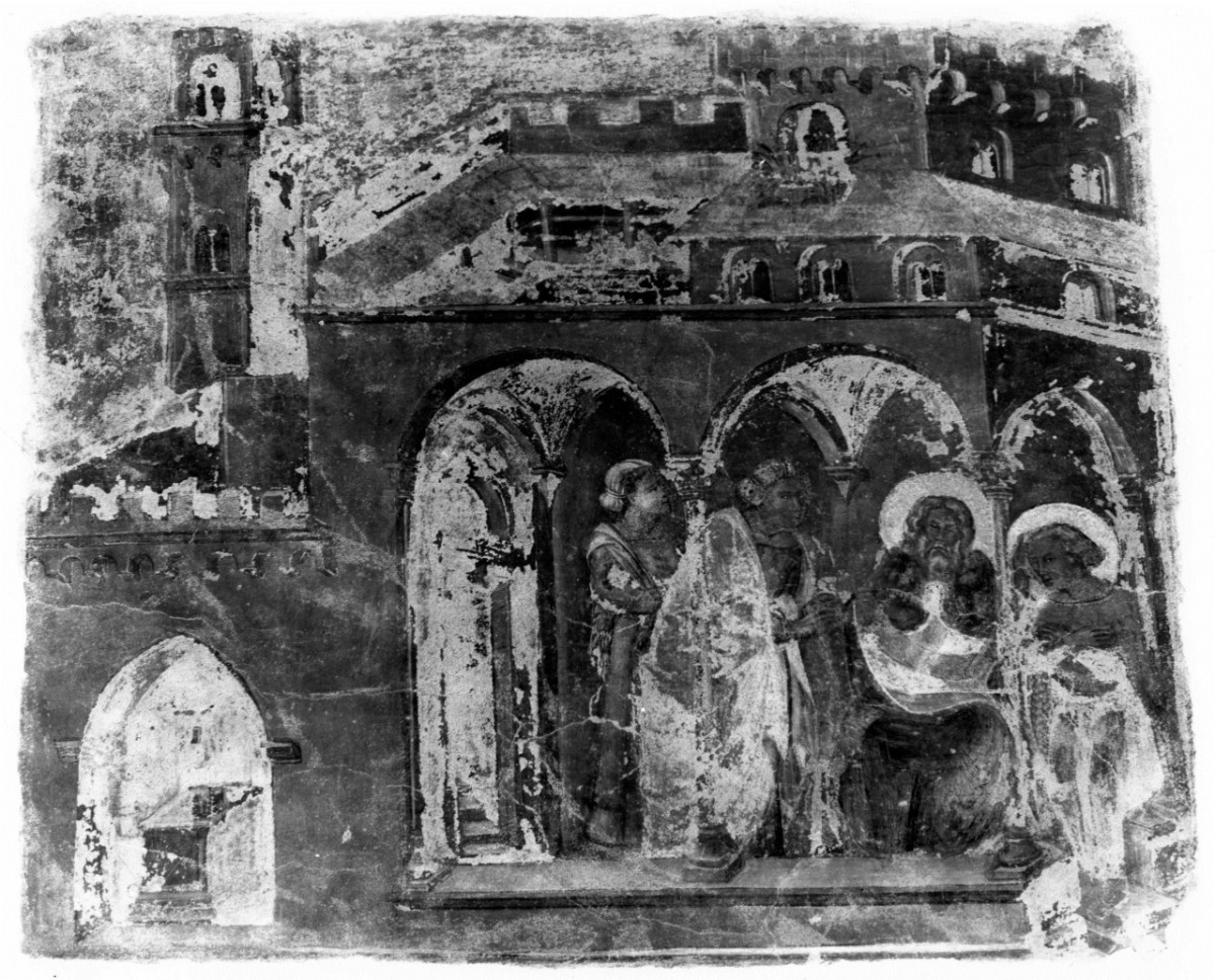 commiato di Tobia dal padre (dipinto murale staccato) di Maestro di Tobia (attribuito) (sec. XIV)