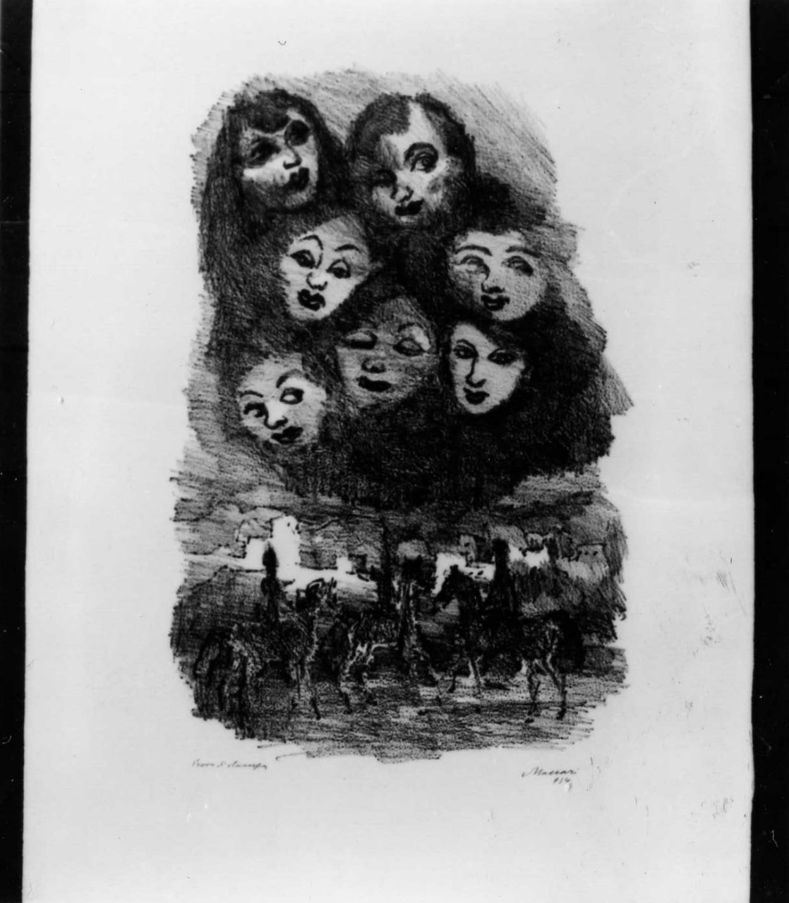 paesaggio con cavalieri sovrastato da teste umane (stampa) di Maccari Mino (sec. XX)