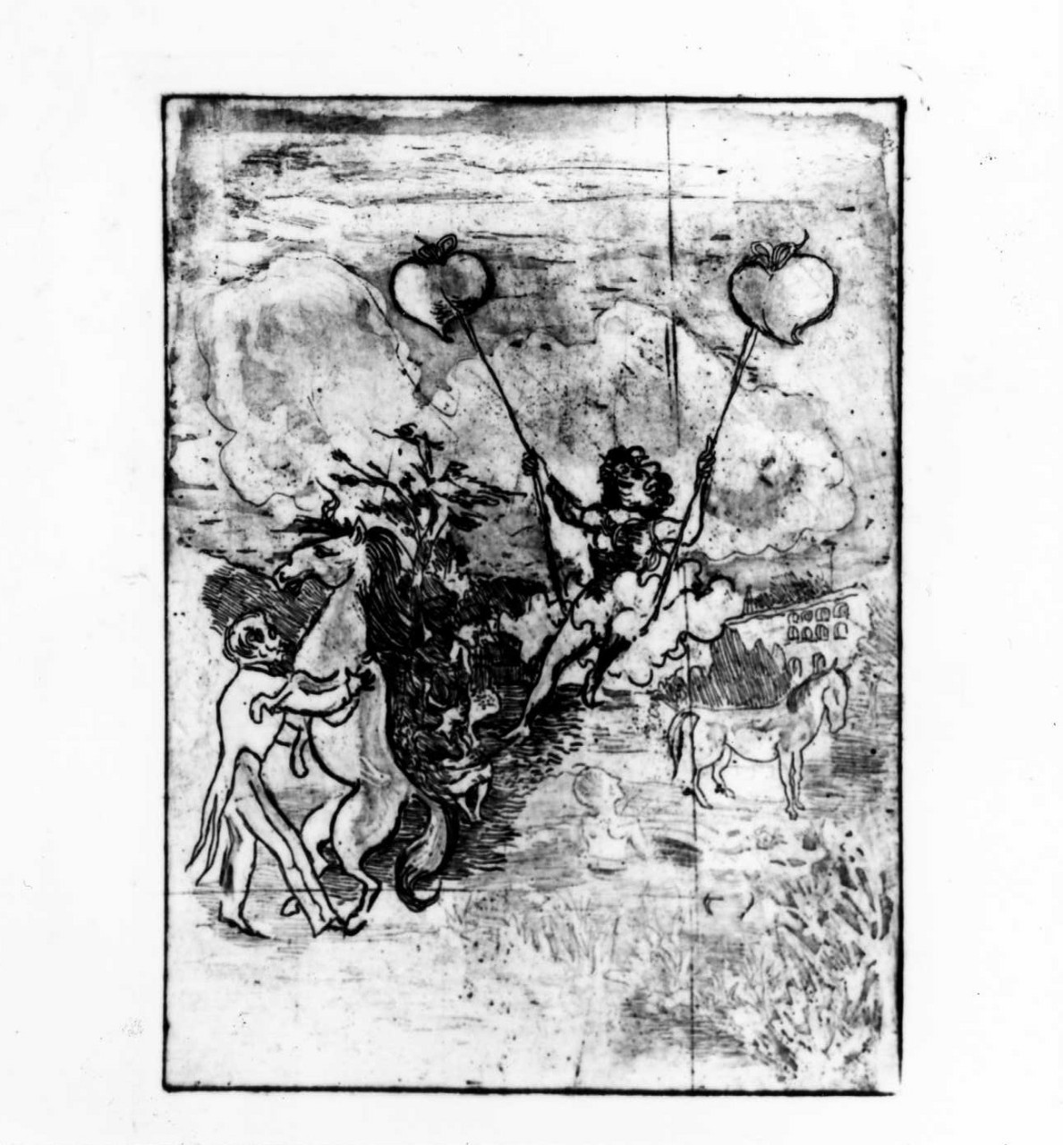 donna in altalena (stampa) di Maccari Mino (sec. XX)