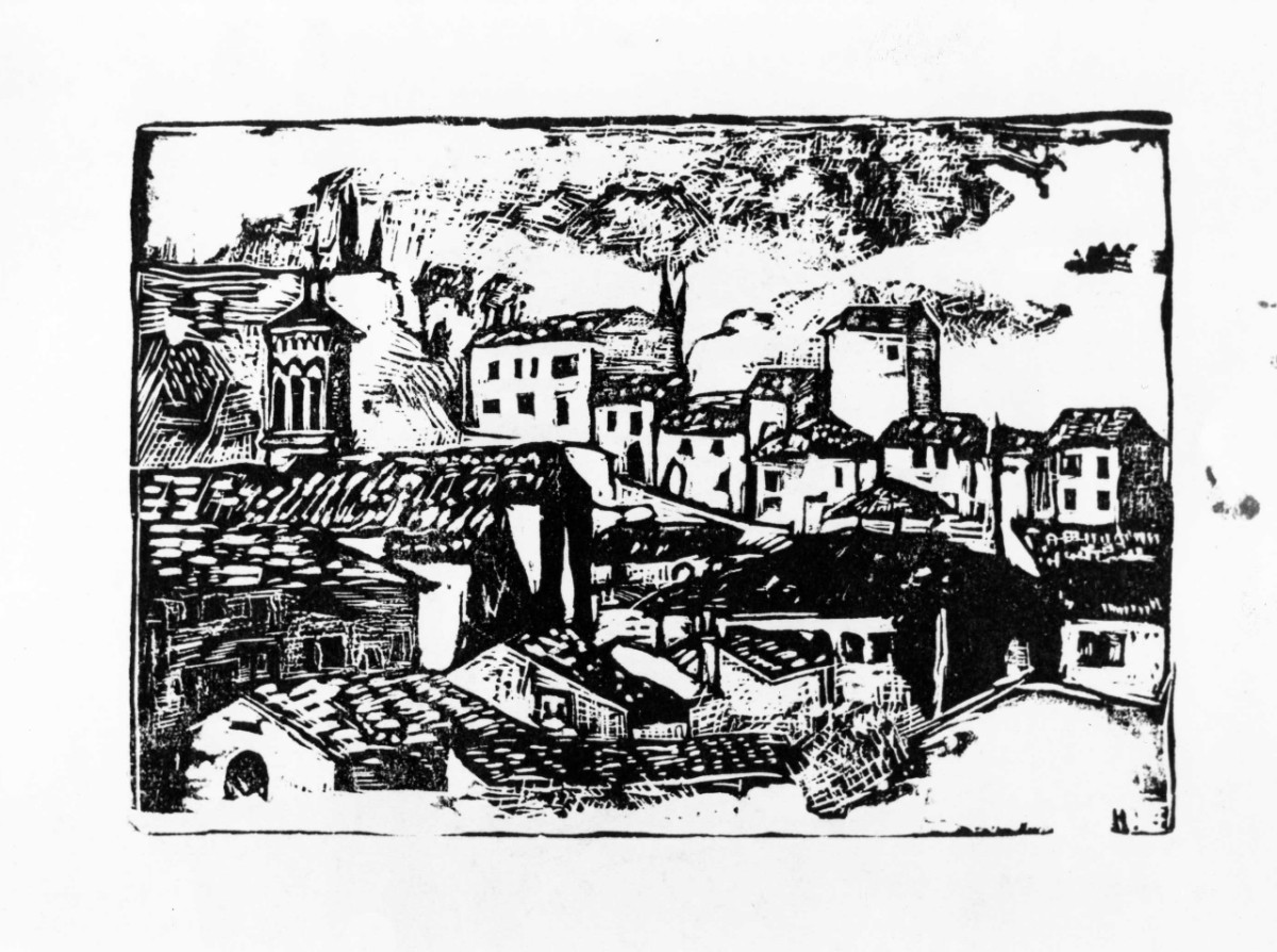 veduta di città (stampa) di Maccari Mino (sec. XX)