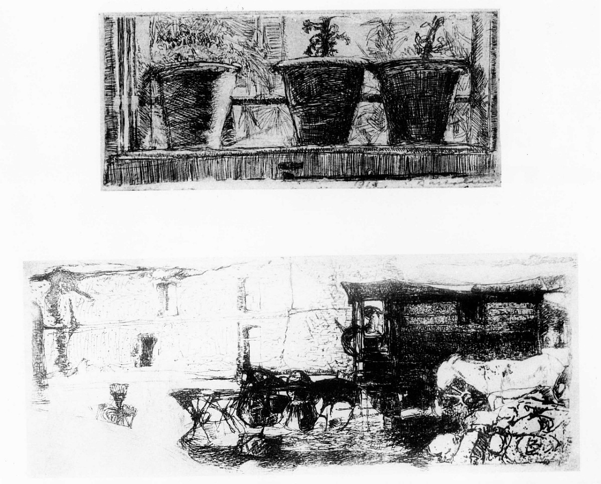 Tre vasi al davanzale/ Piazza con un carrozone, vasi; piazza (stampa) di Bartolini Luigi (sec. XX)