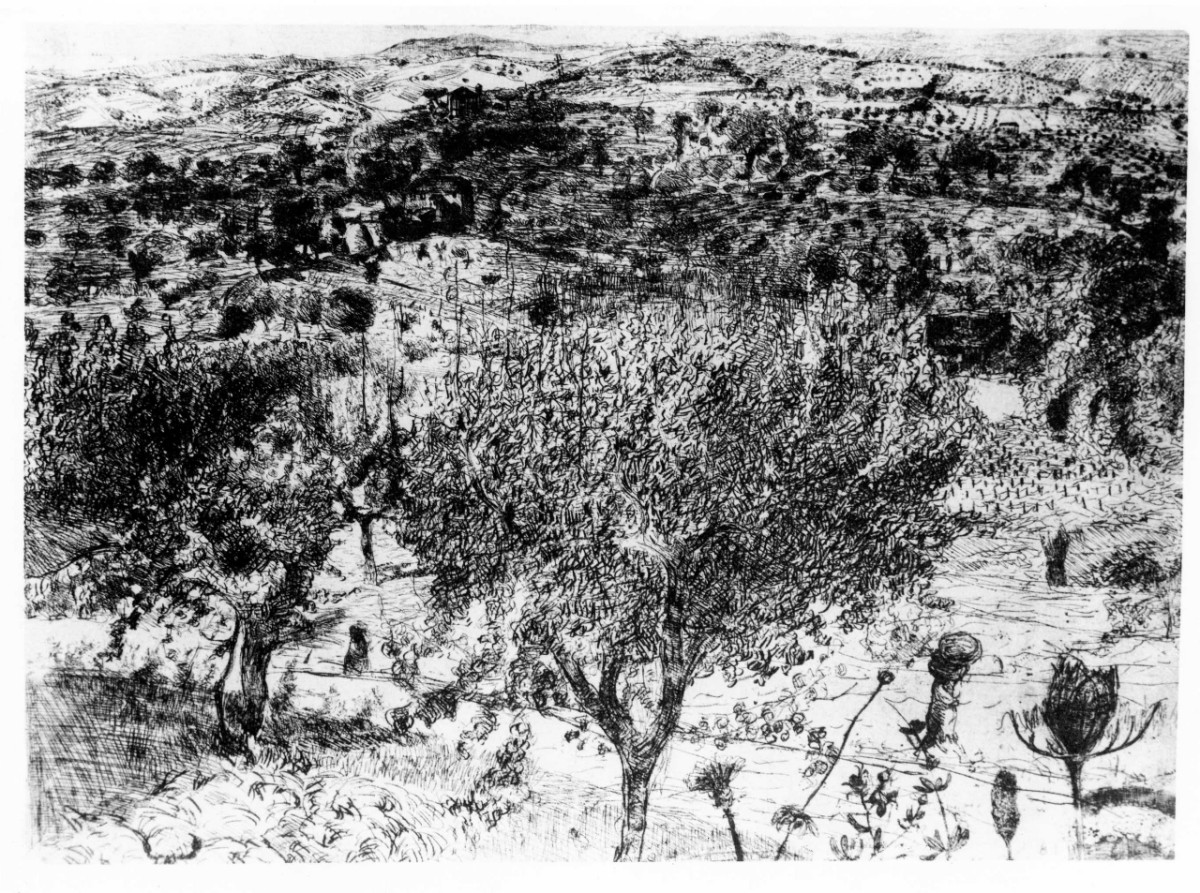 Paesaggio maceratese. Passeggiata del giorno di pasqua del 1926, paesaggio rurale (stampa) di Bartolini Luigi (sec. XX)