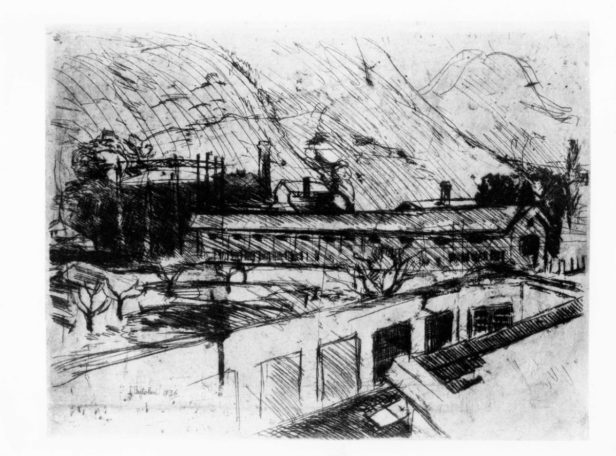 Il Gassometro, veduta di città (stampa) di Bartolini Luigi (sec. XX)