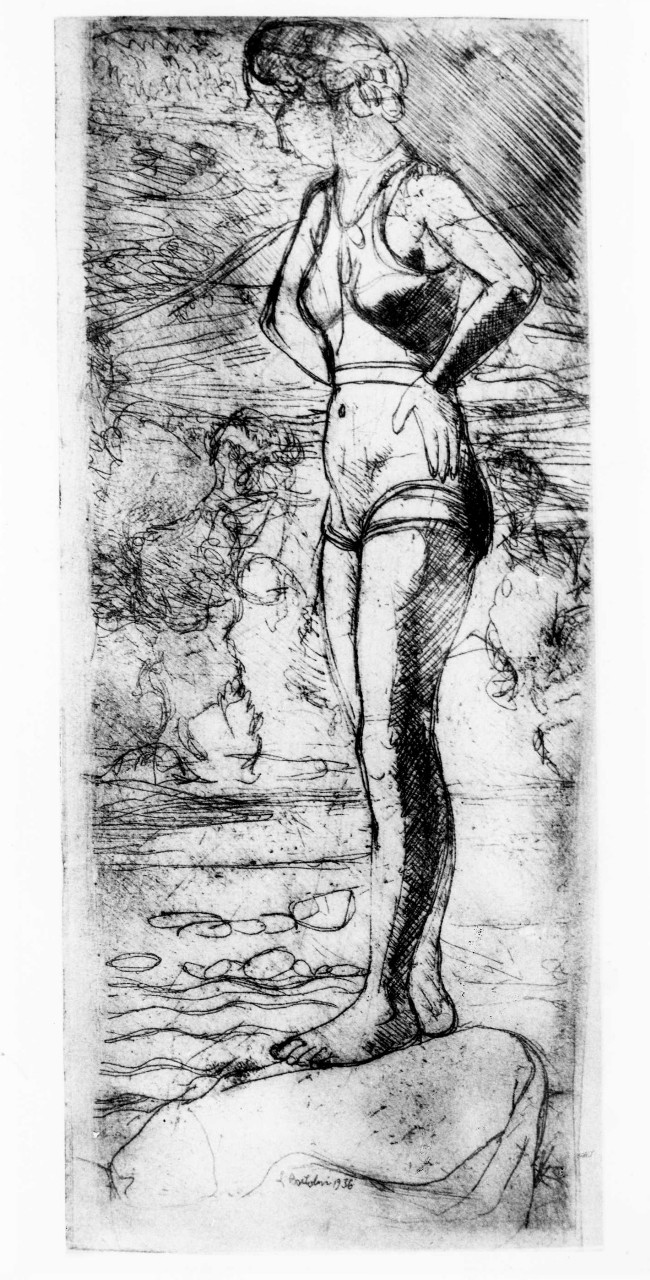 Ragazza in costume da bagno sul Passirio con le mani ai fianchi, donna in costume da bagno (stampa) di Bartolini Luigi (sec. XX)
