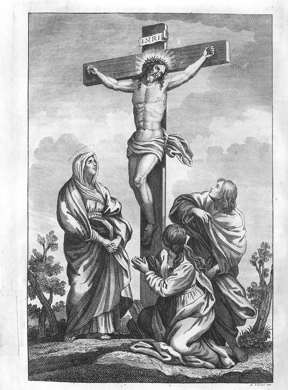 crocifissione di Cristo con la Madonna, San Giovanni Evangelista e Maria Maddalena (stampa) di Verico Antonio (sec. XVIII)
