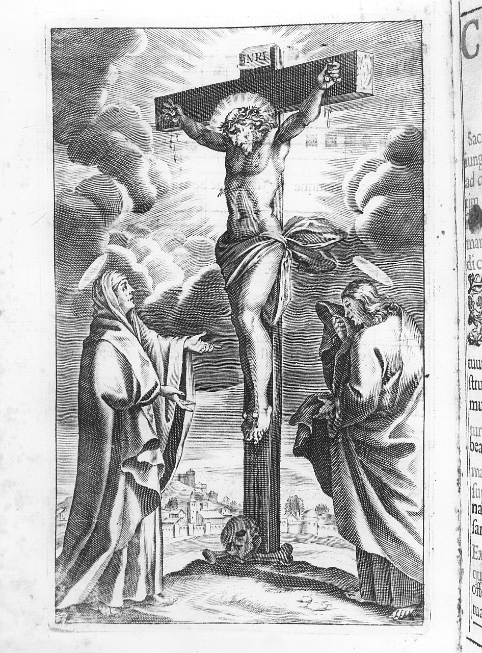 crocifissione di Cristo con la Madonna, San Giovanni Evangelista e Maria Maddalena (stampa) - ambito veneto (terzo quarto sec. XVII)