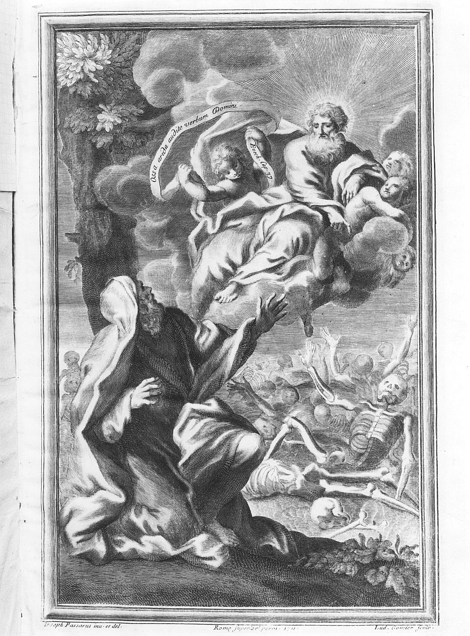 Ezechiele ha la visione della valle delle ossa inaridite (stampa) di Gomier Alois, Passarino Giuseppe (primo quarto sec. XVIII)
