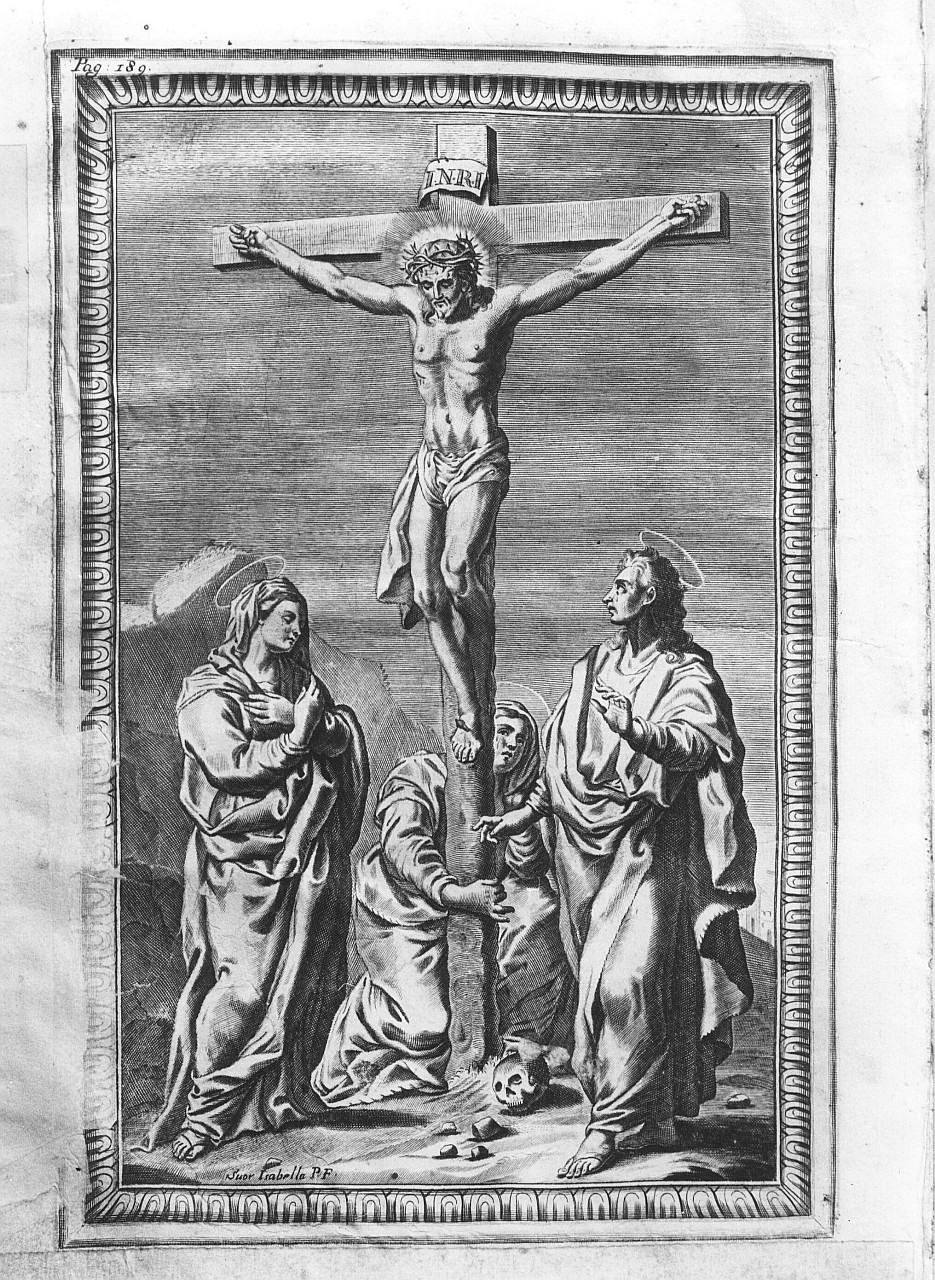 crocifissione di Cristo con la Madonna, San Giovanni Evangelista e Maria Maddalena (stampa) di Piccini Elisabetta detta Suor Isabella (sec. XVIII)