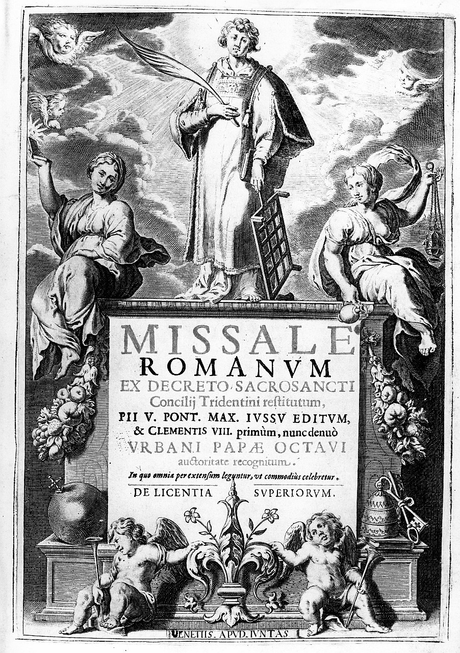 San Lorenzo fra due figure allegoriche (stampa) - ambito Italia centro-settentrionale, ambito Italia centro-settentrionale (sec. XVII)
