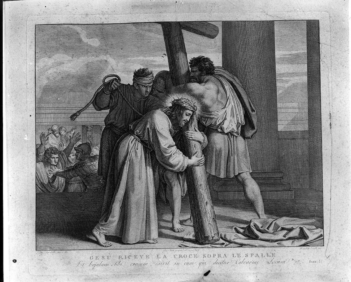 stazione II: Gesù caricato della croce (stampa, elemento d'insieme) di Sabatelli Luigi (attribuito), Eredi Benedetto (attribuito), Cecchi Giovan Battista (attribuito) (sec. XVIII, sec. XIX)