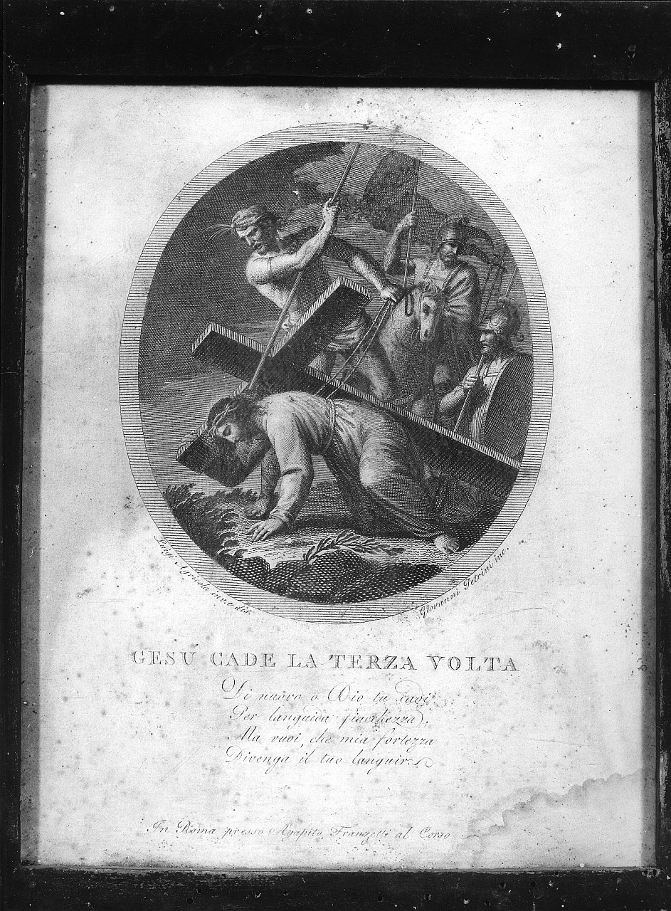 stazione IX: Gesù cade sotto la croce la terza volta (stampa, elemento d'insieme) di Agricola Luigi (attribuito), Petrini Giovanni (attribuito), Perini Giuseppe Sforza (attribuito) (fine/ inizio secc. XVIII/ XIX)