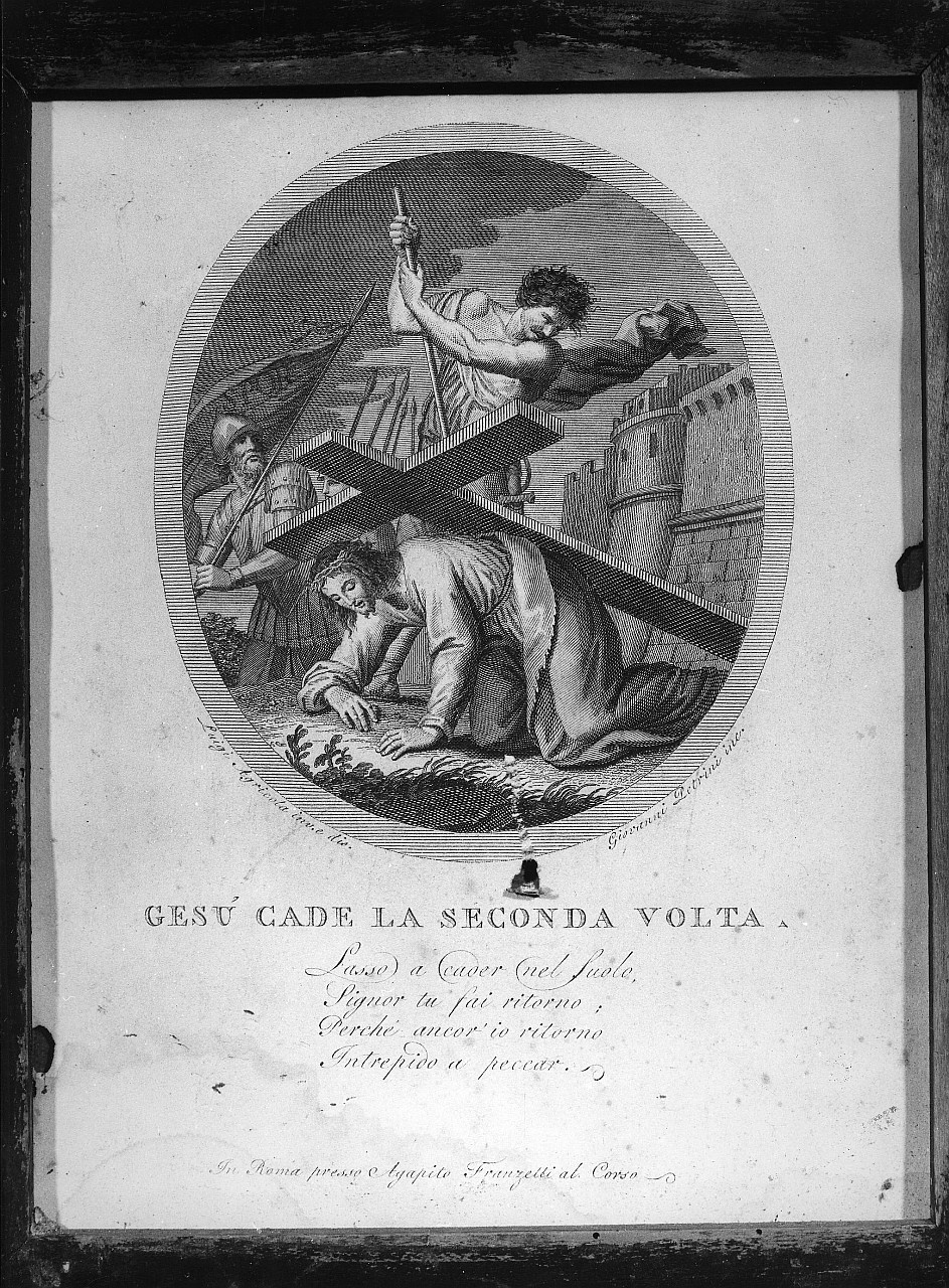 stazione VII: Gesù cade sotto la croce la seconda volta (stampa, elemento d'insieme) di Agricola Luigi (attribuito), Petrini Giovanni (attribuito), Perini Giuseppe Sforza (attribuito) (fine/ inizio secc. XVIII/ XIX)