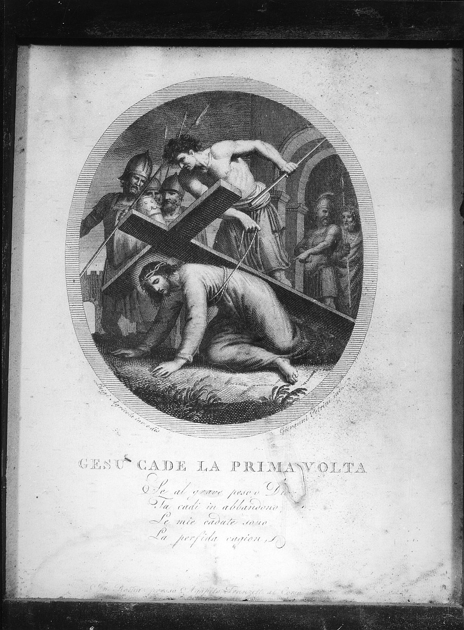 stazione III: Gesù cade sotto la croce la prima volta (stampa, elemento d'insieme) di Agricola Luigi (attribuito), Petrini Giovanni (attribuito), Perini Giuseppe Sforza (attribuito) (fine/ inizio secc. XVIII/ XIX)