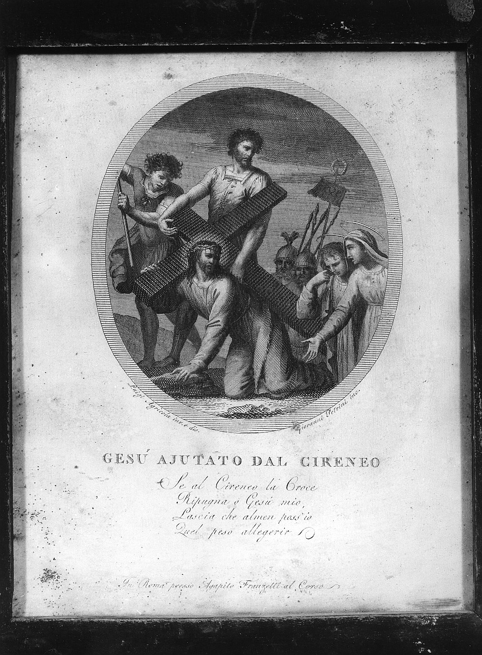 stazione V: Gesù aiutato da Simone il Cireneo a portare la croce (stampa, elemento d'insieme) di Agricola Luigi (attribuito), Petrini Giovanni (attribuito), Perini Giuseppe Sforza (attribuito) (fine/ inizio secc. XVIII/ XIX)
