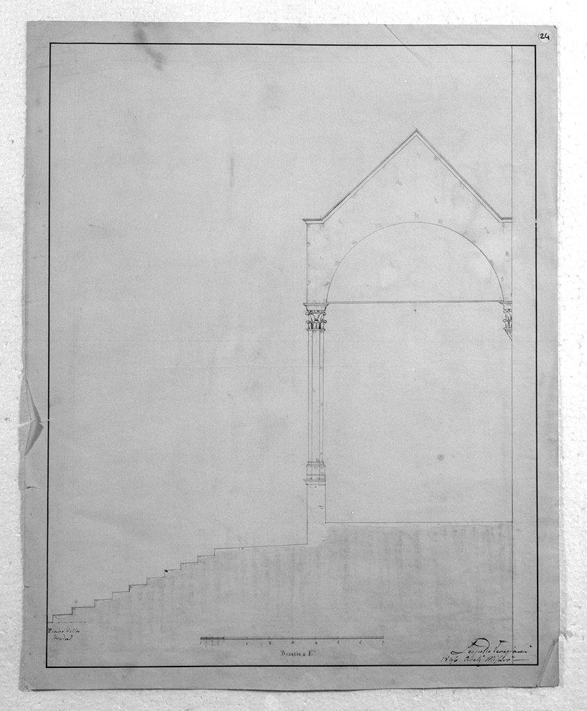 sezione del loggiato esterno settentrionale della chiesa di S. Croce a Firenze (disegno architettonico) di Veneziani Leopoldo (sec. XIX)