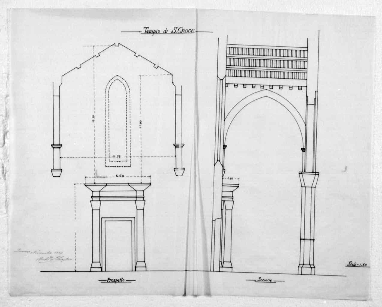 prospetto e sezione di una campata della chiesa di S. Croce a Firenze (disegno architettonico) di Cerpi Ezio (sec. XX)